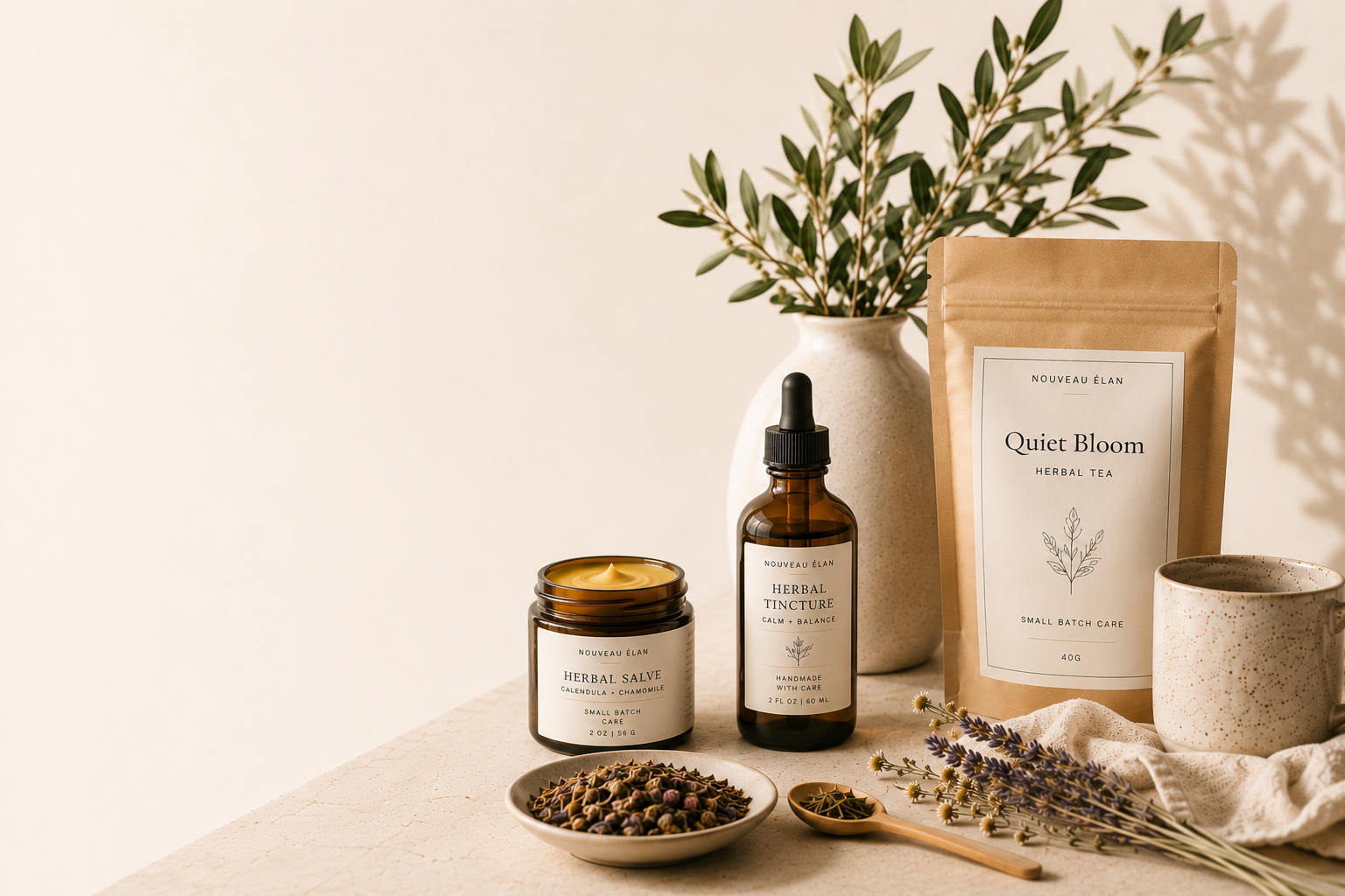 Nouveau Élan herbal wellness products with Quiet Bloom tea, salve, tincture, ceramic cup, linen cloth, and olive branches